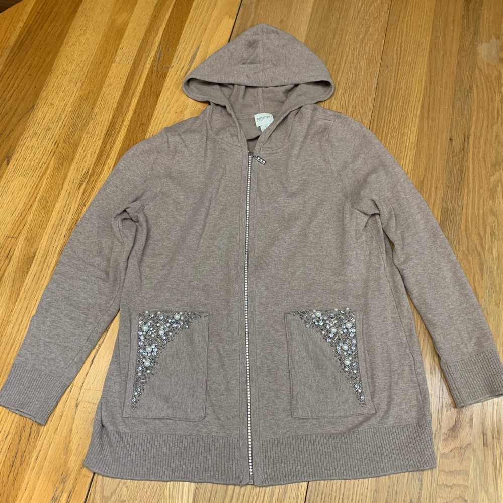 Zenergy‎ by Chicos Taupe Brown Cashmere Blend Pearl Rhinestone Zip Hoodie Size M